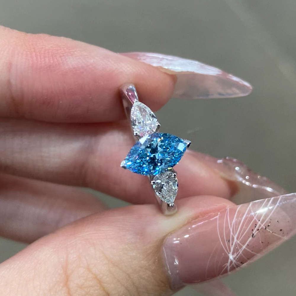SLZB001L09 0.84ct Marquise Blue Lab Grown Diamond in 18K White Gold Ring