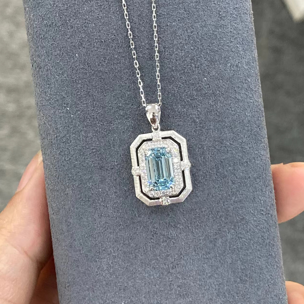 SLZZKCZ017 1.724ct Cushion Blue Lab Grown Diamond in 18K White Gold Necklace